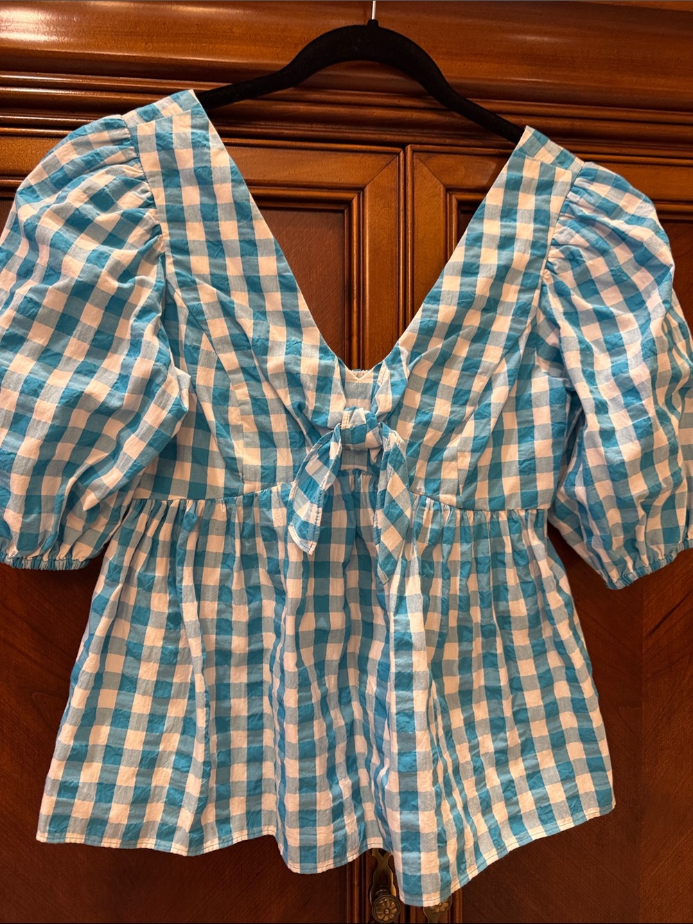 Lily Pulitzer size 0 Blue and White Gingham Tie-Front Peplum Top